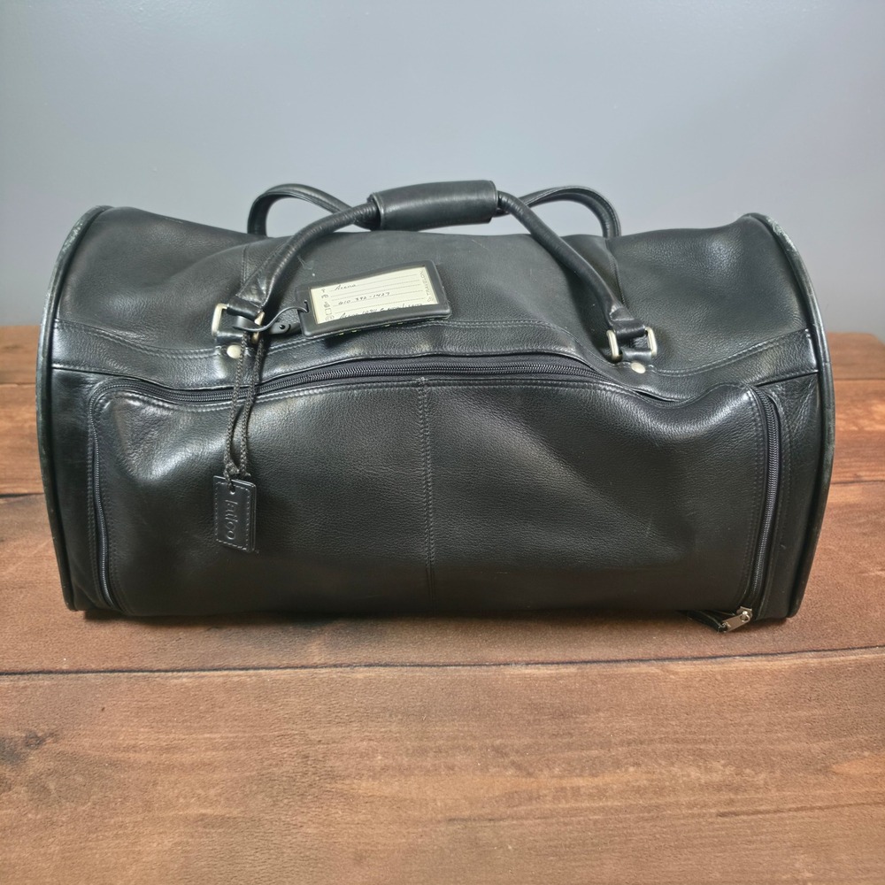 Latico Duffel Bag Mens Large Black Good Leather Barrel Weekender Luggage Tag